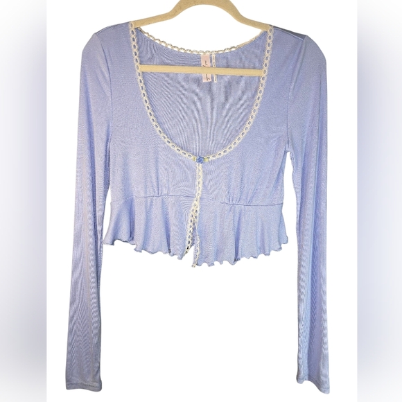 Urban Outfitters Tops - Out From Under Pastel Blue Lace -Trim Crop Top Long Sleeve Cottagecore Baby Tee
